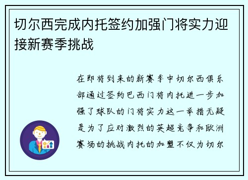 切尔西完成内托签约加强门将实力迎接新赛季挑战